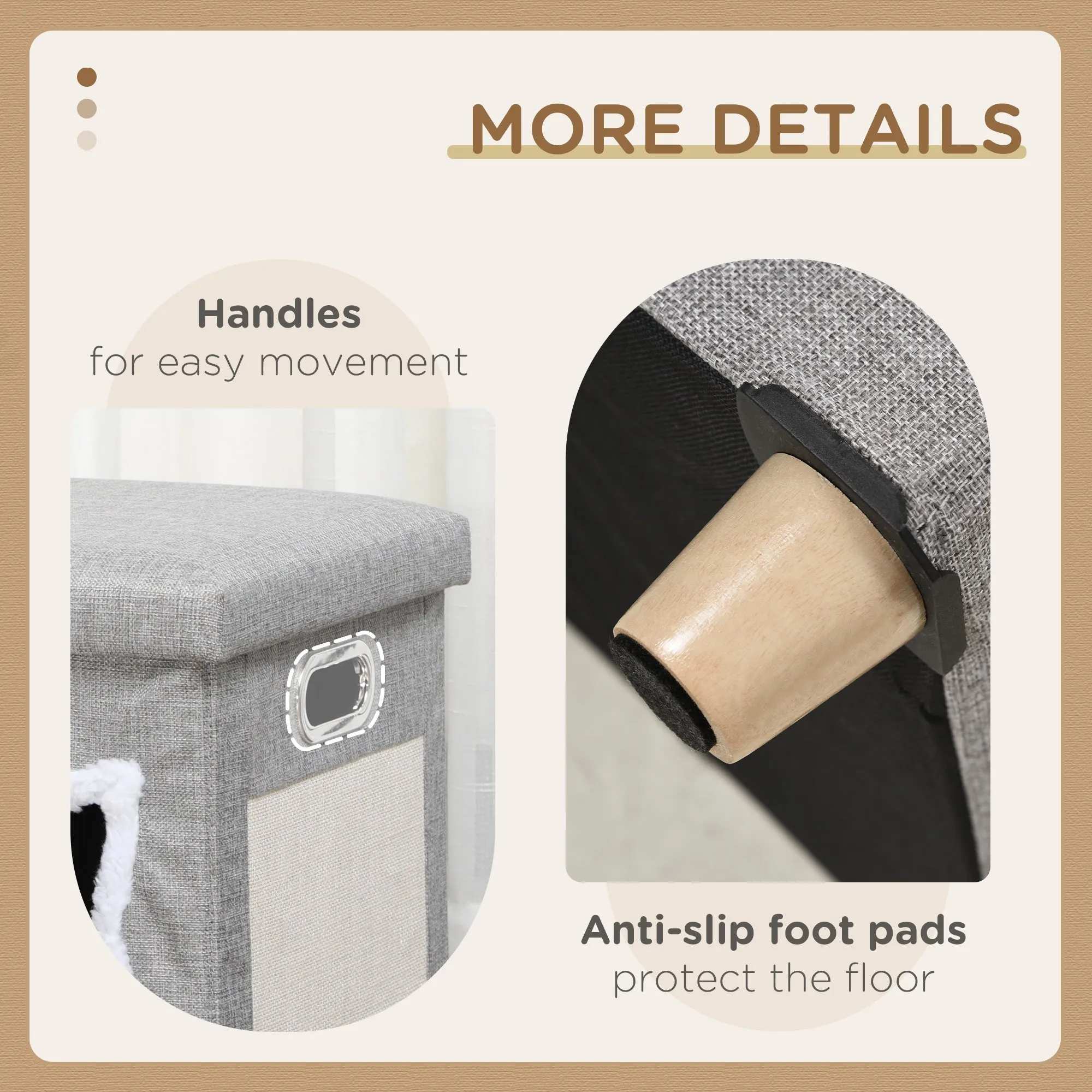 2 in 1 Cat Bed Ottoman, Comfortable Cat Sleeping Cave House w/ Removable Cushion, Scratching Pad, Handles, Anti-Slip Foot Pad, Toy Ball, Entrance - Grey