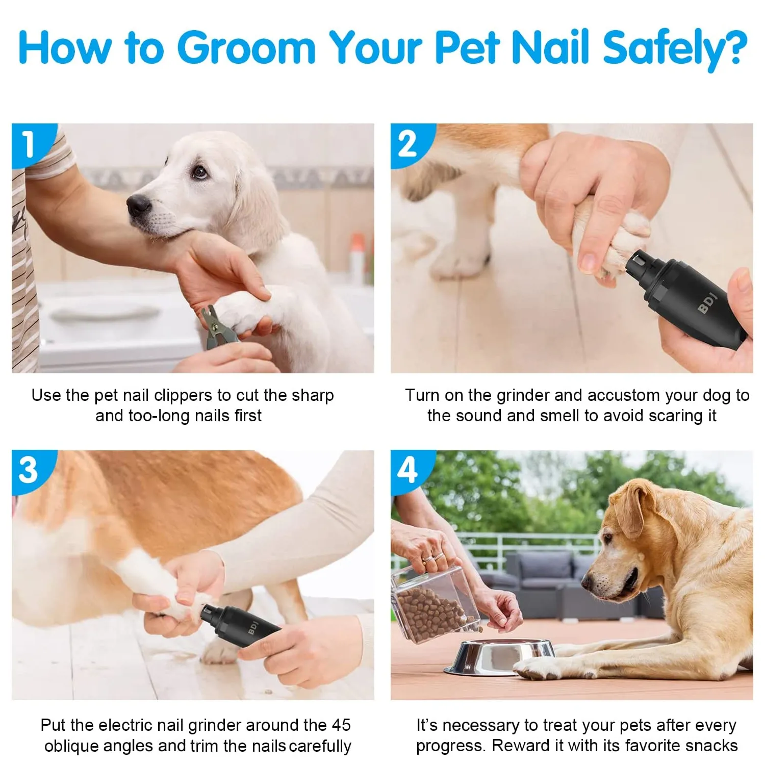 BDJ Dog Nail Grinder with 2 LED Lights 3 Speed Rechargeable Electric Nail Clipper