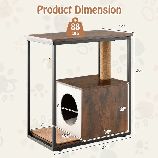 Cat Furniture End Table Cat House with Scratching Post-Rustic Brown
