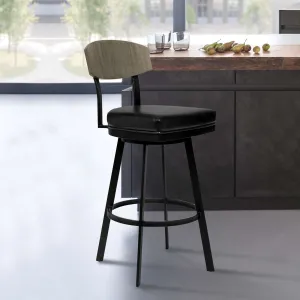 Frisco 26" Counter Height Barstool in Matte Black Finish with Black Faux Leather and Gray Walnut By Armen Living
