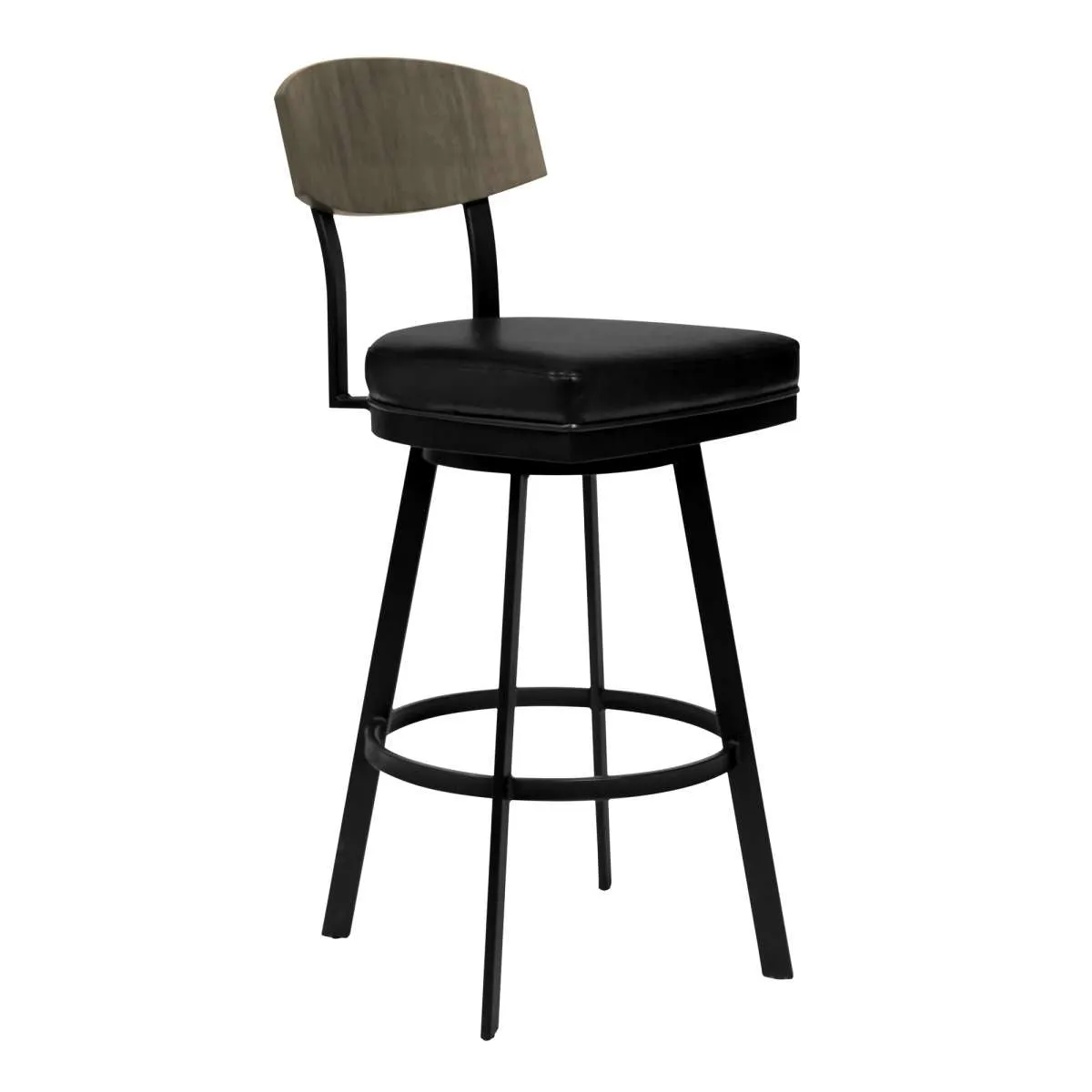 Frisco 26" Counter Height Barstool in Matte Black Finish with Black Faux Leather and Gray Walnut By Armen Living