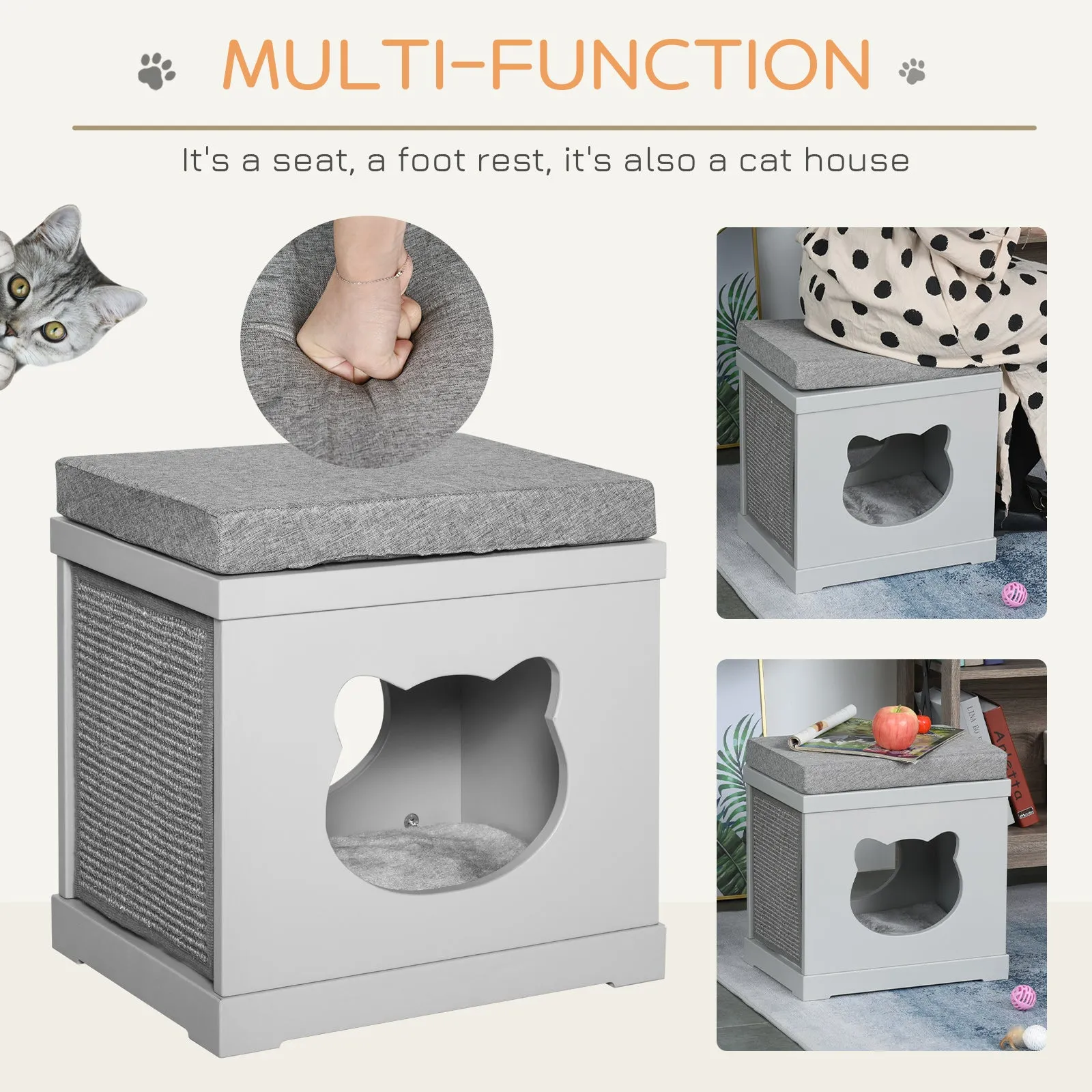 Grey Cat Bed w/ Removable Scratching Pads, 41 x 30 x 36cm - Grey