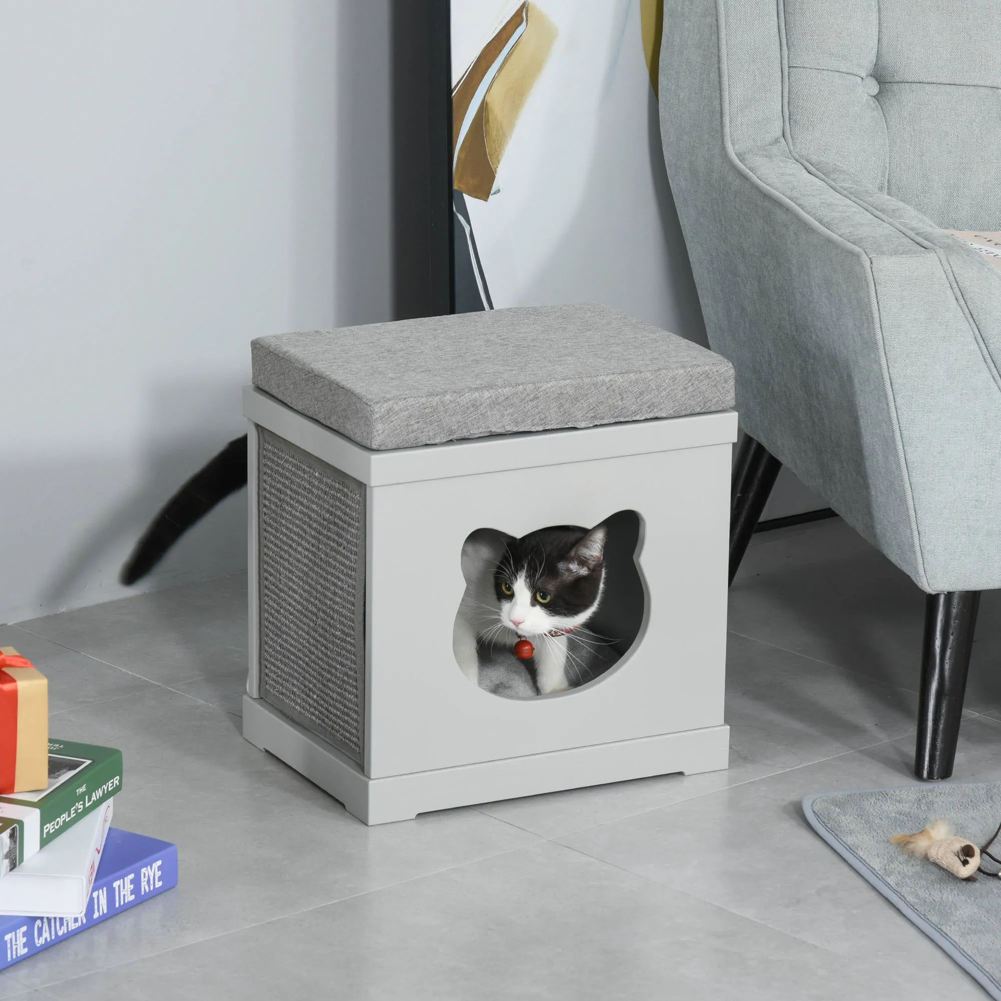 Grey Cat Bed w/ Removable Scratching Pads, 41 x 30 x 36cm - Grey