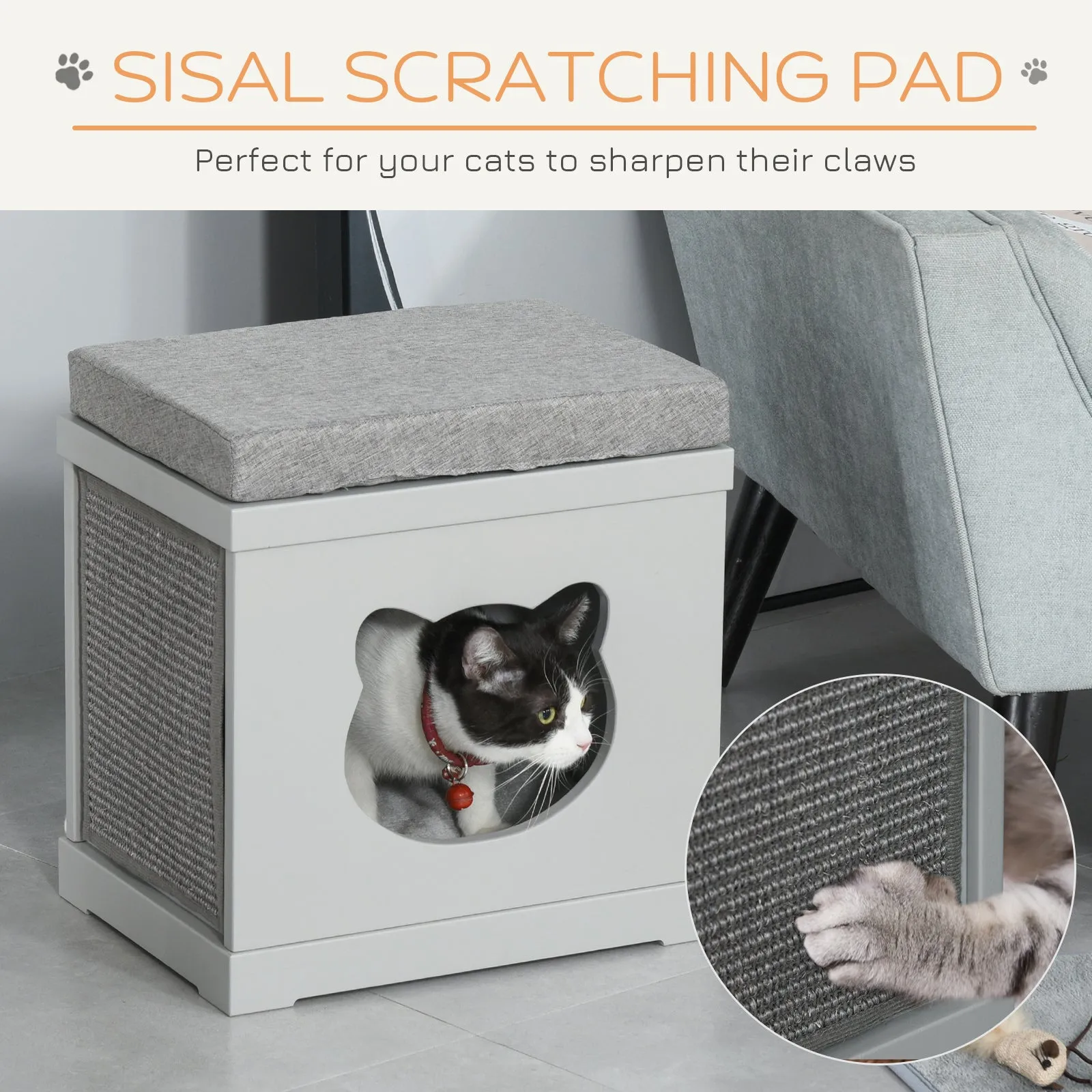 Grey Cat Bed w/ Removable Scratching Pads, 41 x 30 x 36cm - Grey