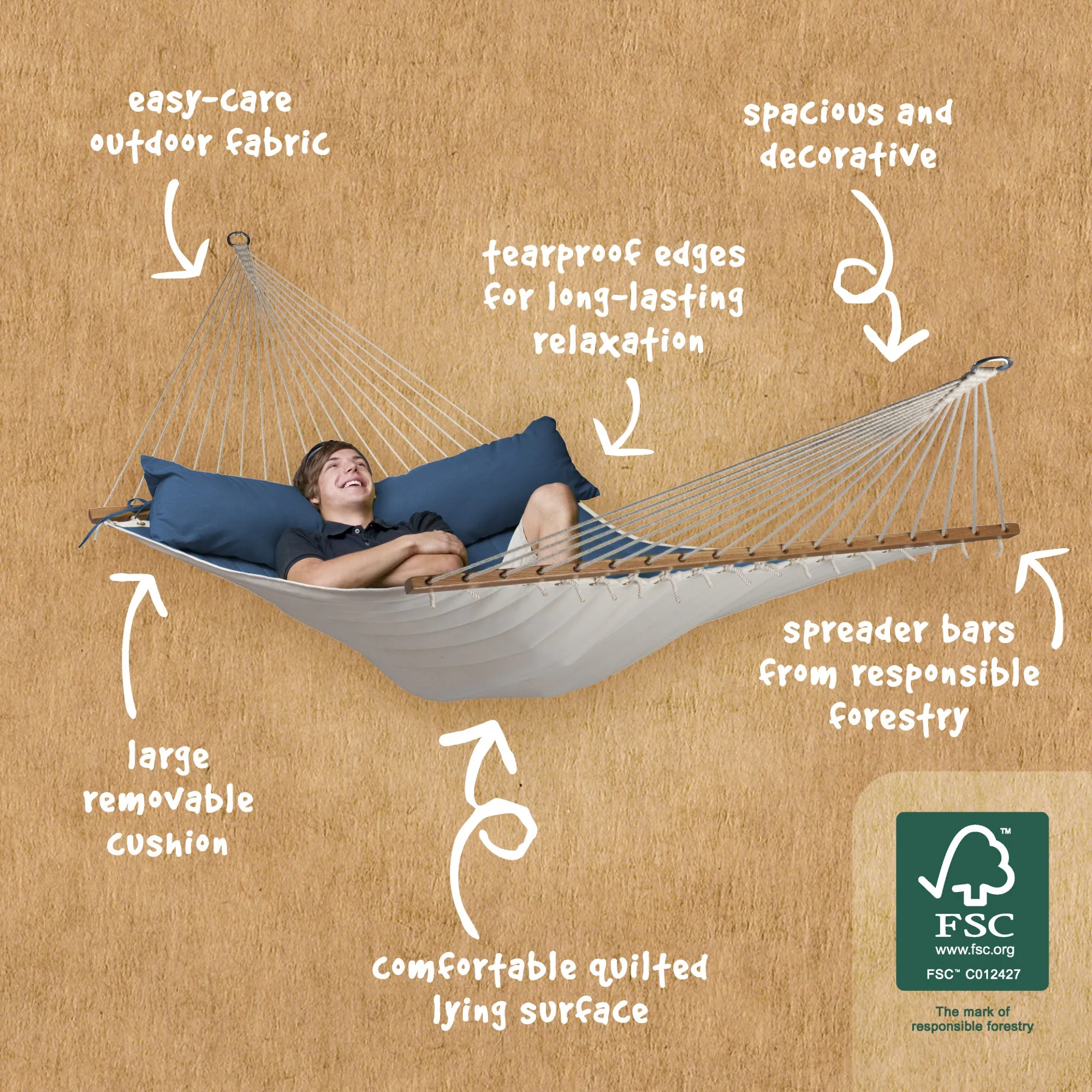 LA SIESTA Alabama Spreader Bar Hammock (Kingsize - W 140 cm)
