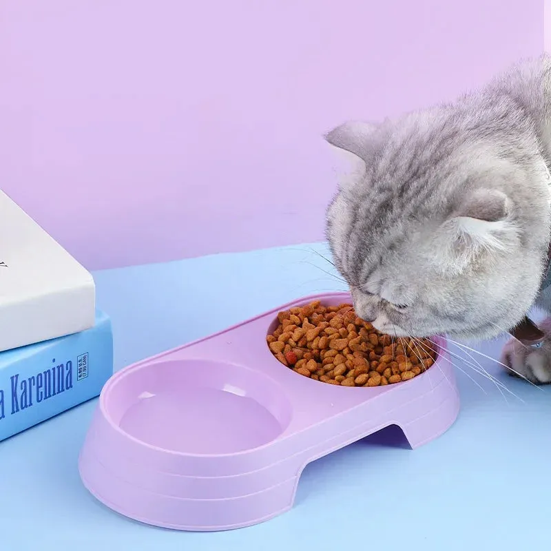 Macaron Pet Double Bowl - Plastic Feeding Tray for Cats & Dogs, Food & Water Feeder