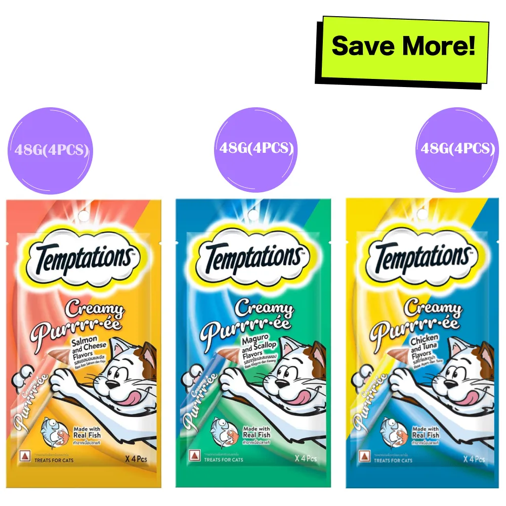 Temptations Purrrr ee Chicken & Tuna, Salmon & Cheese, Maguro & Scallop Cat Treats Combo